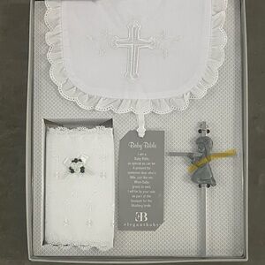 EB 4 Piece Christening / Baptism Set - Bib, Bible, Cross, Hanger. NWT. NIB.
